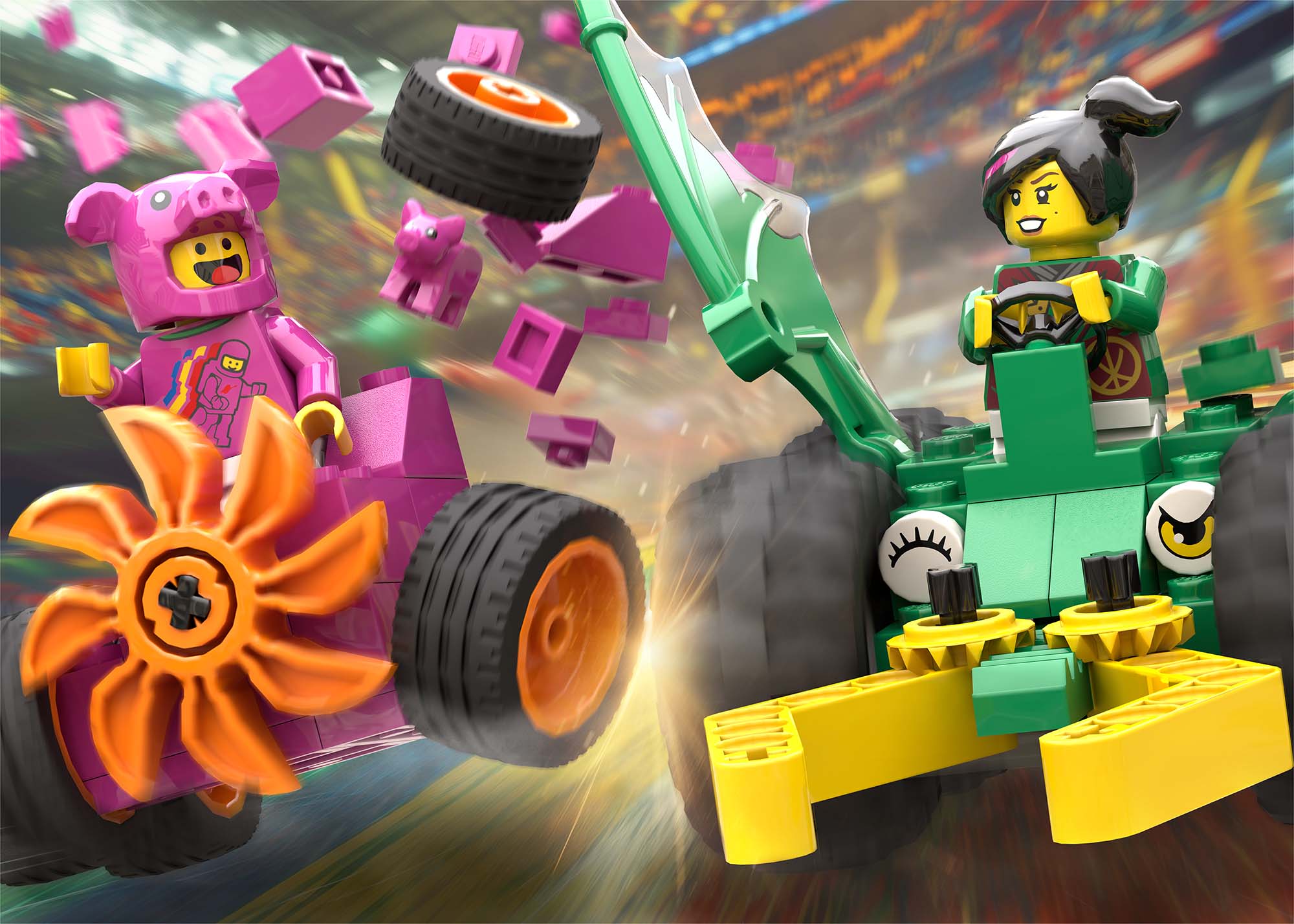 LEGO characters driving colorful battle robots
